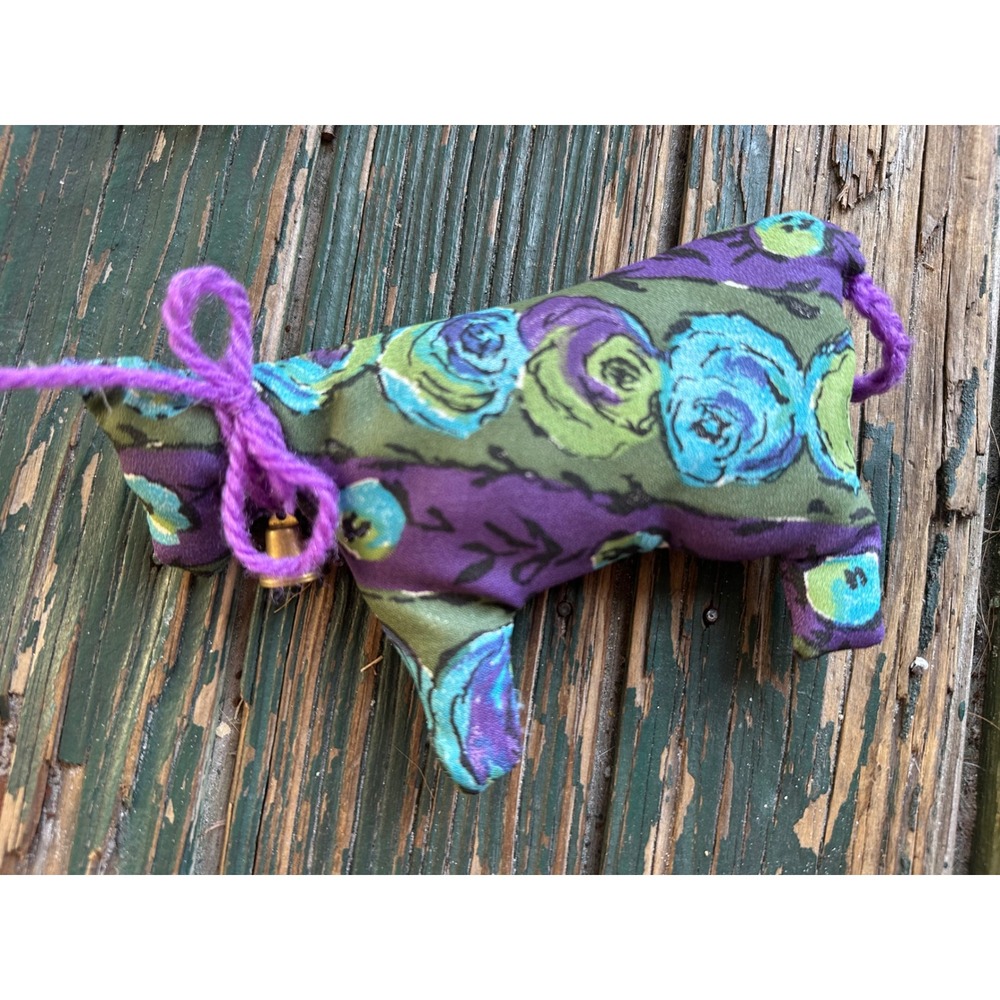Vintage Handmade Fabric Cow Plush Floral Psychedelic Purple Green Blue Bell 5.5"
